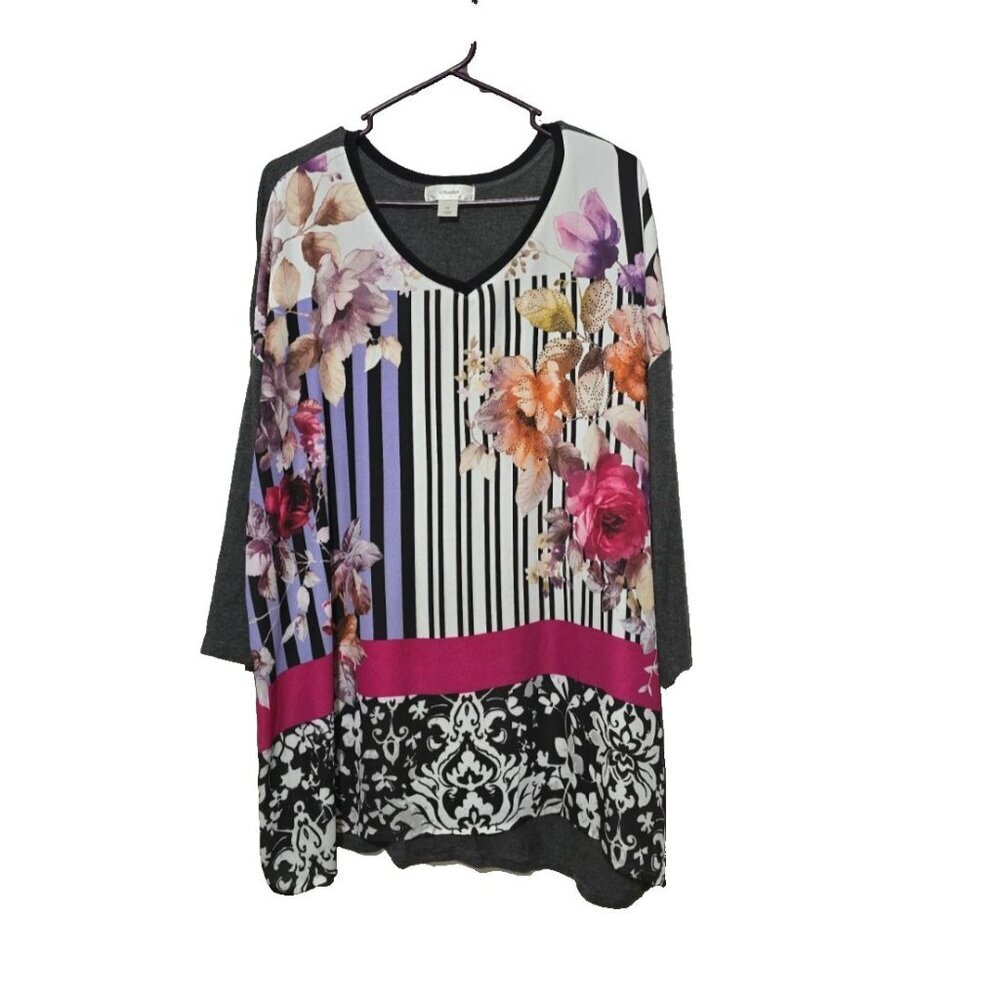 CJ Banks Blouse 2X Striped Floral Pullover Artsy Casual Womens Studded Comfort